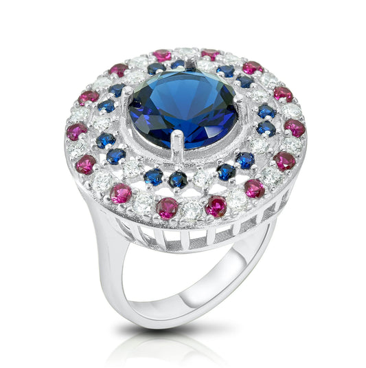 .925 Sterling Silver Red, White & Blue Cubic Zirconia 7/8" Round Domed America Cocktail Ring by Pharaoun - Choice of Metal Color