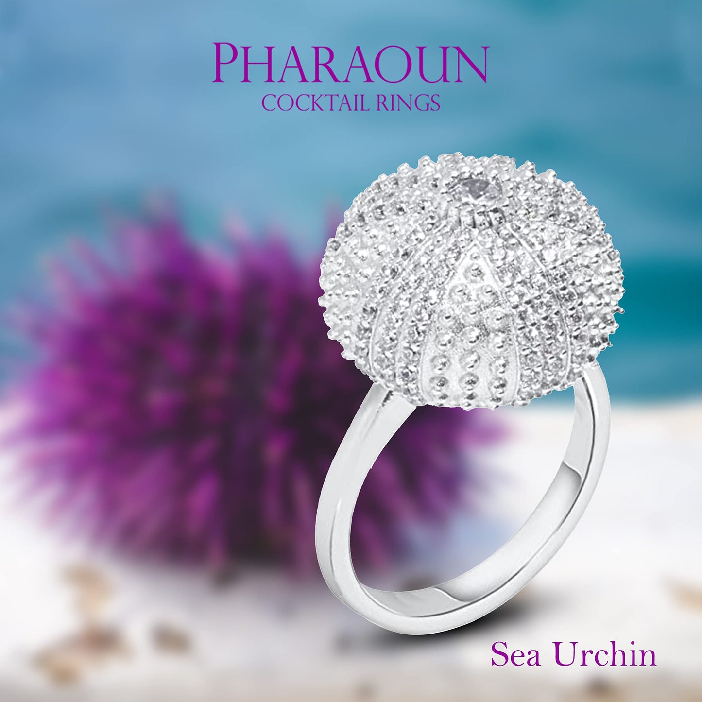 .925 Sterling Silver Cubic Zirconia 2/3" Round Domed Mini Sea Urchin Cocktail Ring by Pharaoun - Choice of Color and Size