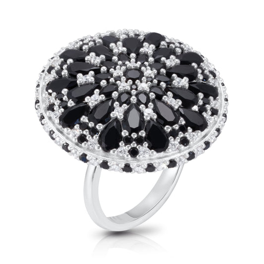 .925 Sterling Silver Black Cubic Zirconia 1" Round Domed Mini Night Mandala Cocktail Ring by Pharaoun - Choice of Metal Color