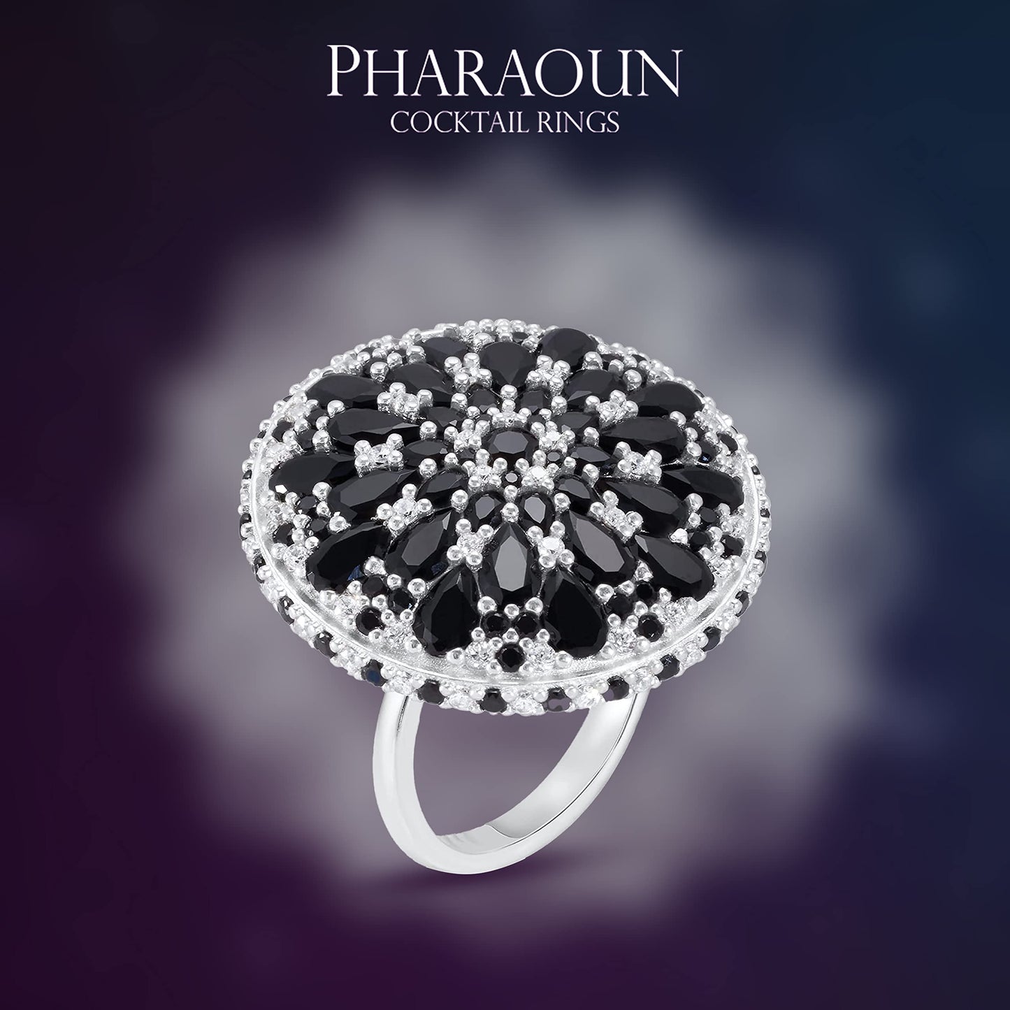 .925 Sterling Silver Black Cubic Zirconia 1" Round Domed Mini Night Mandala Cocktail Ring by Pharaoun - Choice of Metal Color