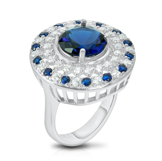 .925 Sterling Silver Blue Cubic Zirconia 7/8" Round Domed Shield of Athena Cocktail Ring by Pharaoun - Choice of Metal Color