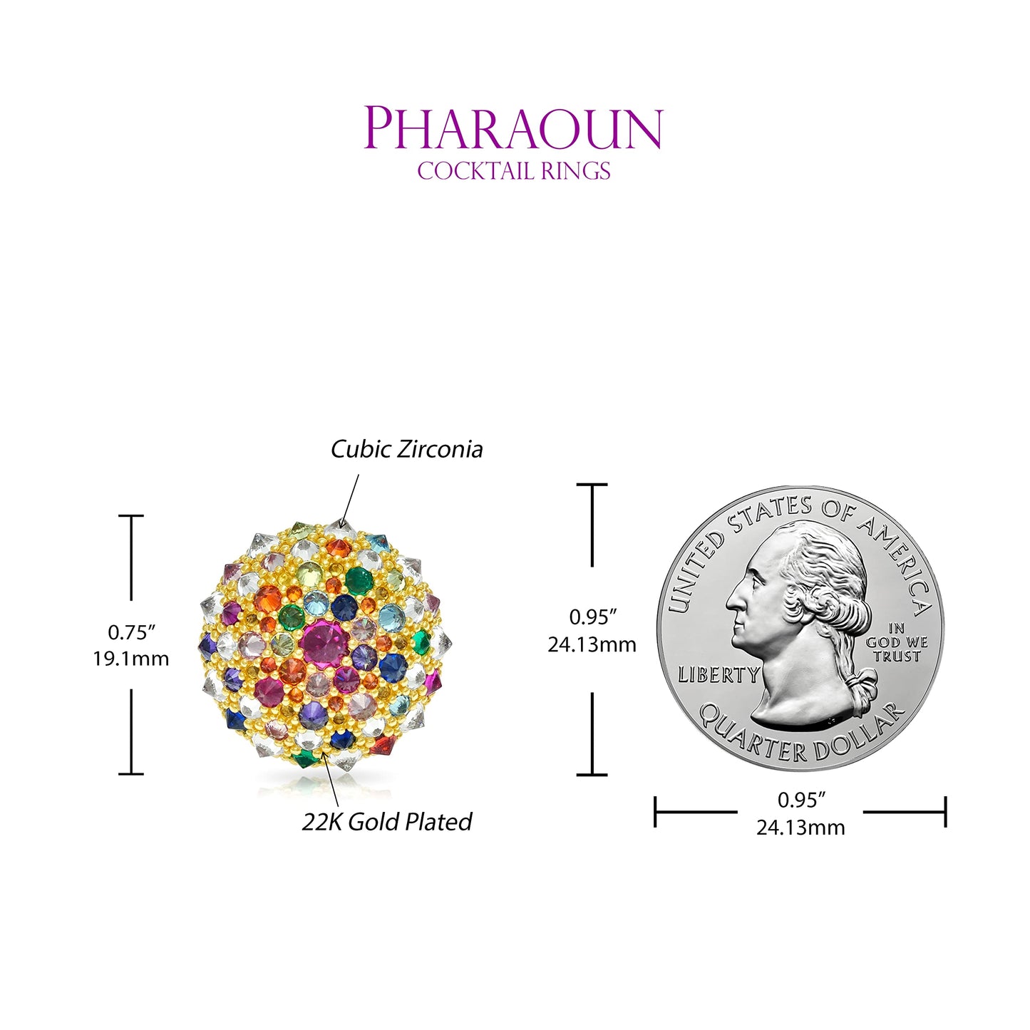 .925 Sterling Silver Cubic Zirconia 3/4" Round Domed Rainbow after the Storm Bonbon Cocktail Ring by Pharaoun - Choice of Metal Color