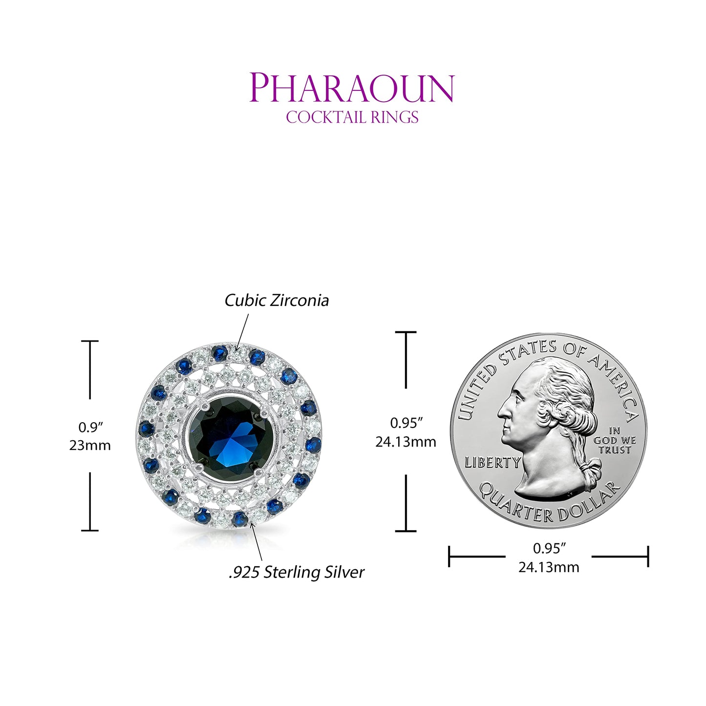 .925 Sterling Silver Blue Cubic Zirconia 7/8" Round Domed Shield of Athena Cocktail Ring by Pharaoun - Choice of Metal Color