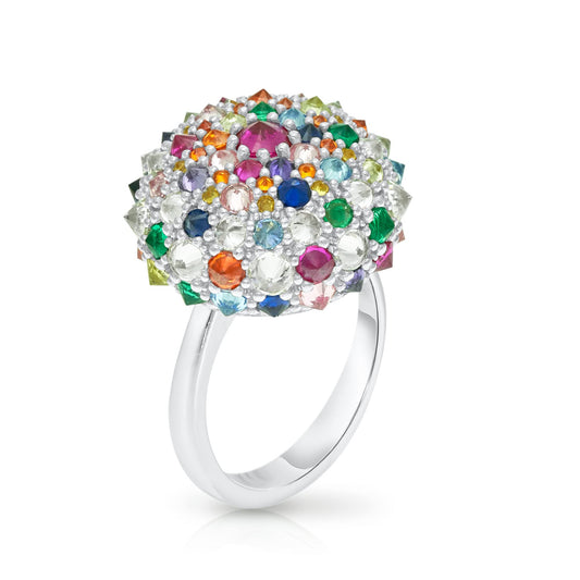 .925 Sterling Silver Cubic Zirconia 3/4" Round Domed Rainbow after the Storm Bonbon Cocktail Ring by Pharaoun - Choice of Metal Color