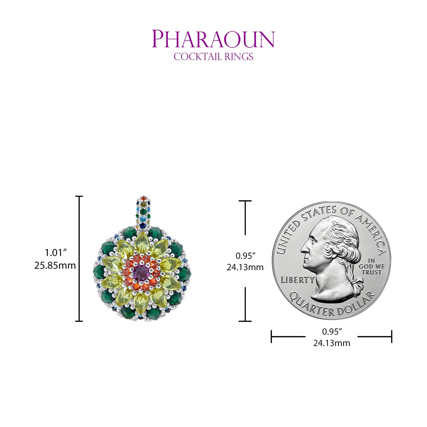 .925 Sterling Silver Rainbow Cubic Zirconia 1" Chakra Mandala Bonbon Cocktail Pendant Charm by Pharaoun - Choice of Metal Color