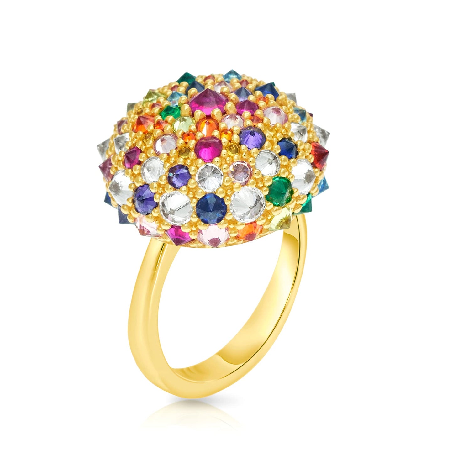 .925 Sterling Silver Cubic Zirconia 3/4" Round Domed Rainbow after the Storm Bonbon Cocktail Ring by Pharaoun - Choice of Metal Color