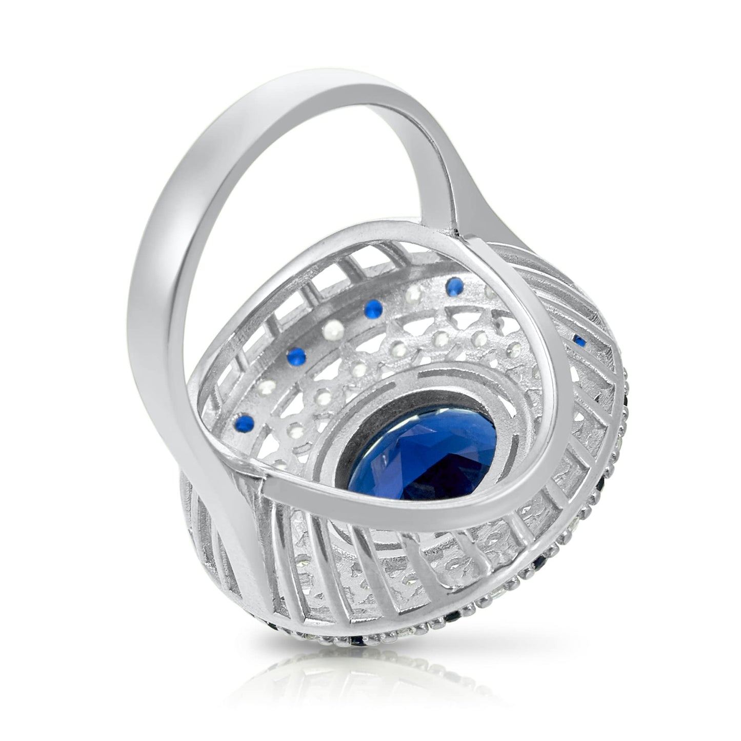 .925 Sterling Silver Blue Cubic Zirconia 7/8" Round Domed Shield of Athena Cocktail Ring by Pharaoun - Choice of Metal Color