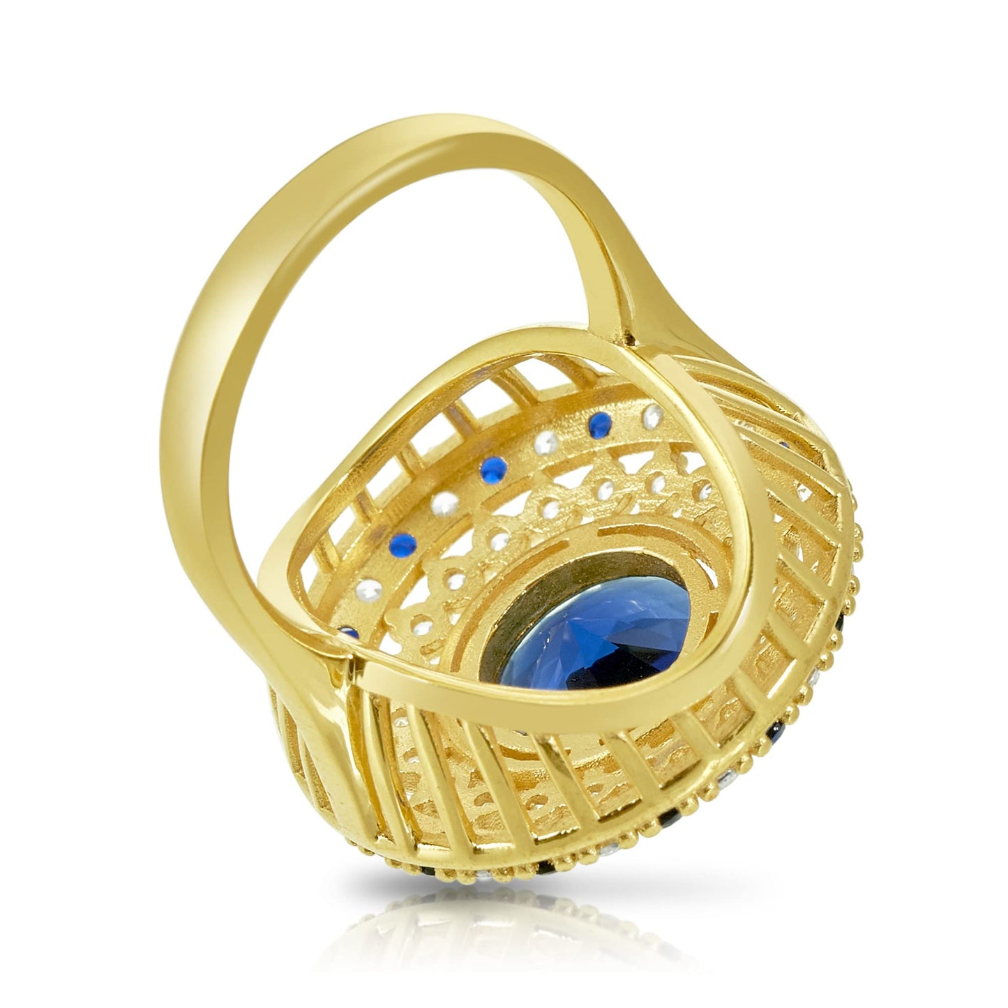 .925 Sterling Silver Blue Cubic Zirconia 7/8" Round Domed Shield of Athena Cocktail Ring by Pharaoun - Choice of Metal Color