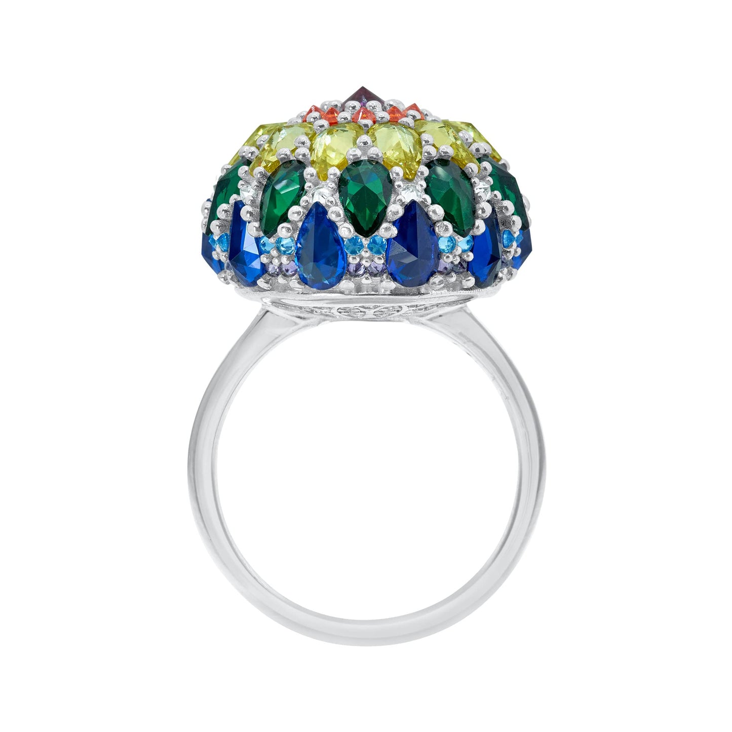 .925 Sterling Silver Rainbow Cubic Zirconia 3/4" Chakra Mandala Bonbon Cocktail Ring - Choice of Metal Color & Size