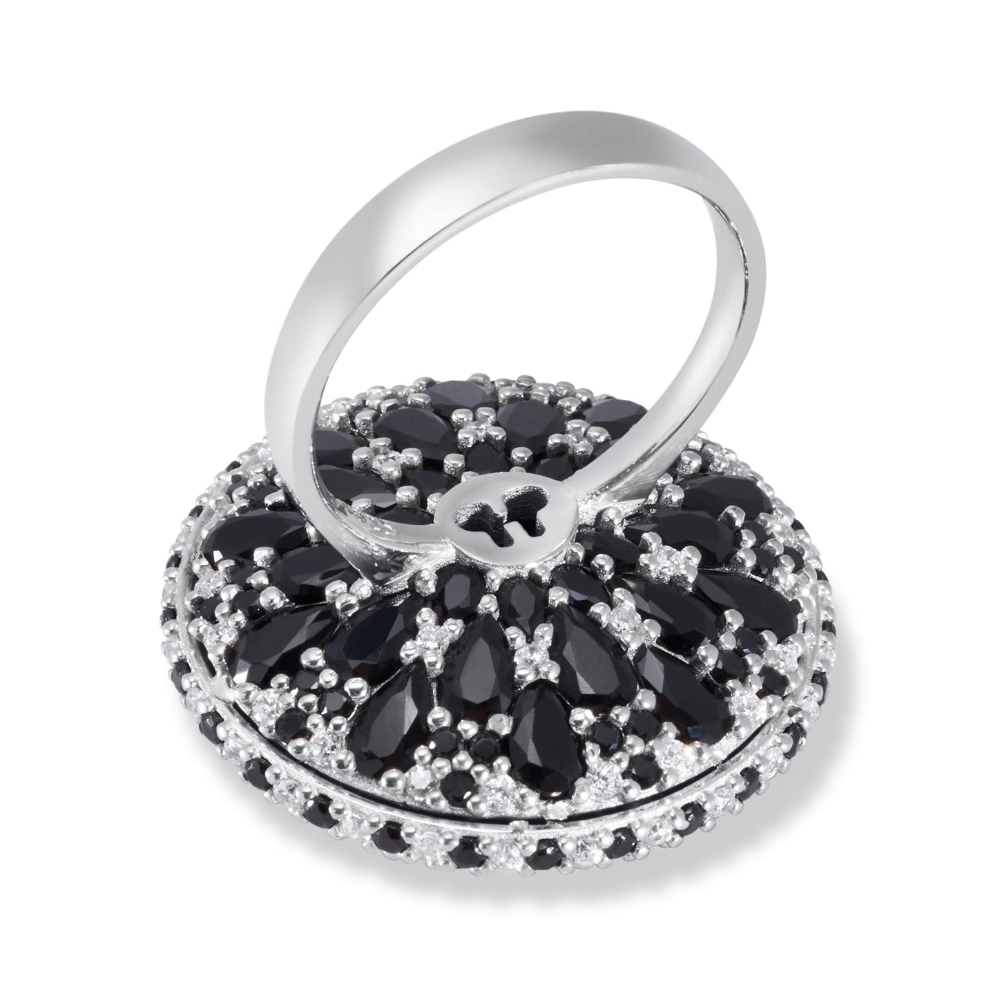 .925 Sterling Silver Black Cubic Zirconia 1" Round Domed Mini Night Mandala Cocktail Ring by Pharaoun - Choice of Metal Color