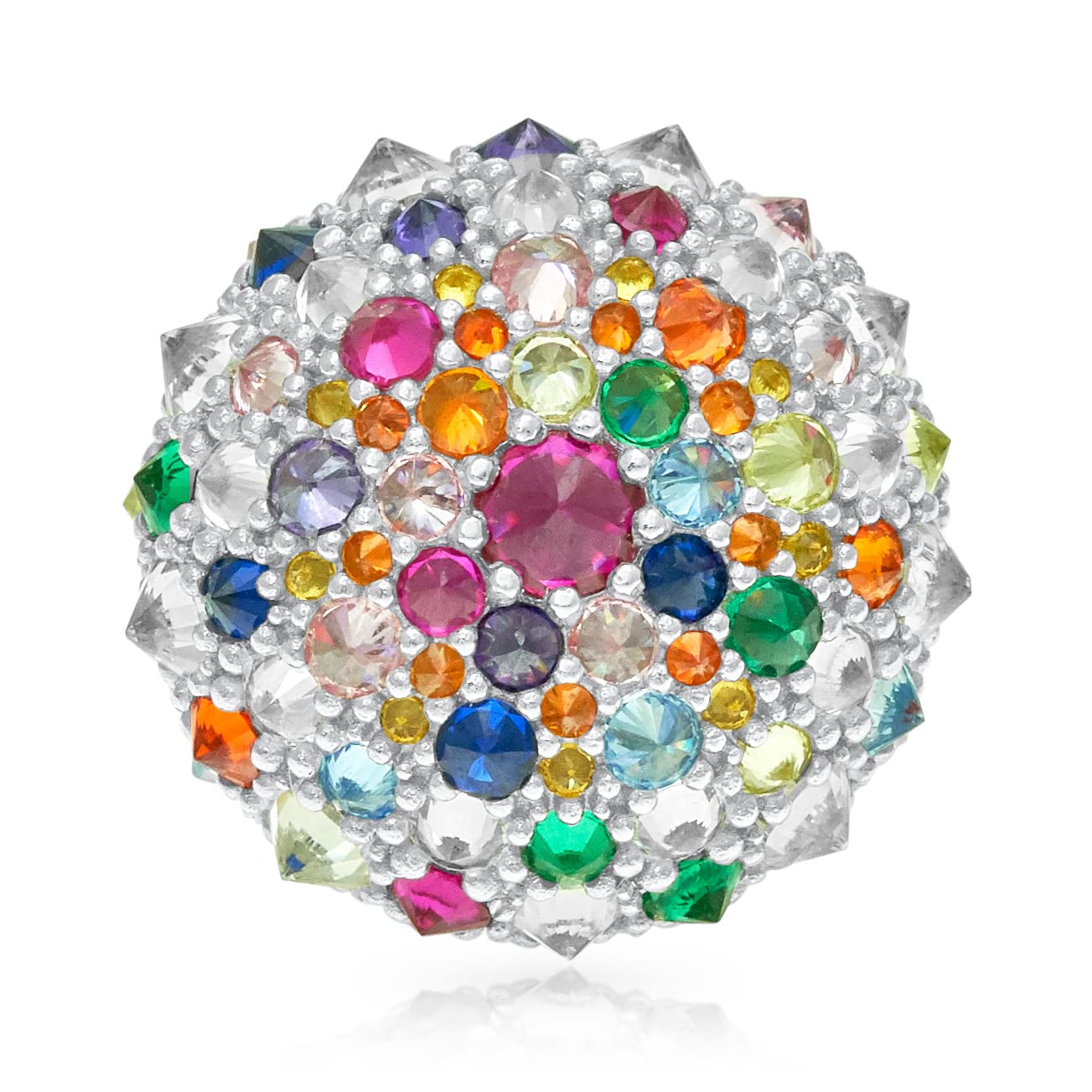 .925 Sterling Silver Cubic Zirconia 3/4" Round Domed Rainbow after the Storm Bonbon Cocktail Ring by Pharaoun - Choice of Metal Color