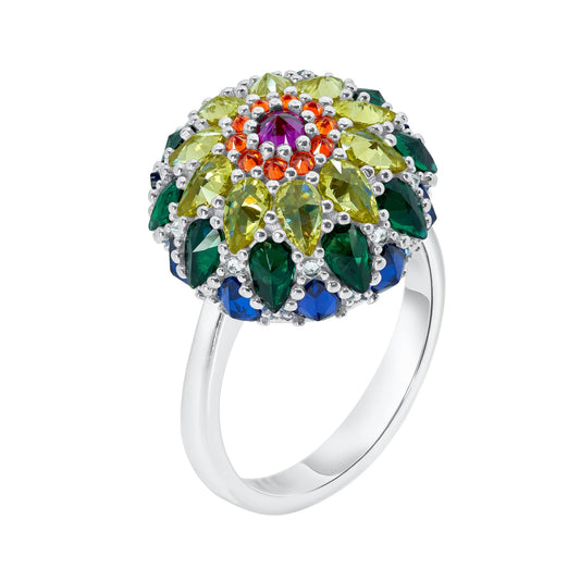 .925 Sterling Silver Rainbow Cubic Zirconia 3/4" Chakra Mandala Bonbon Cocktail Ring - Choice of Metal Color & Size