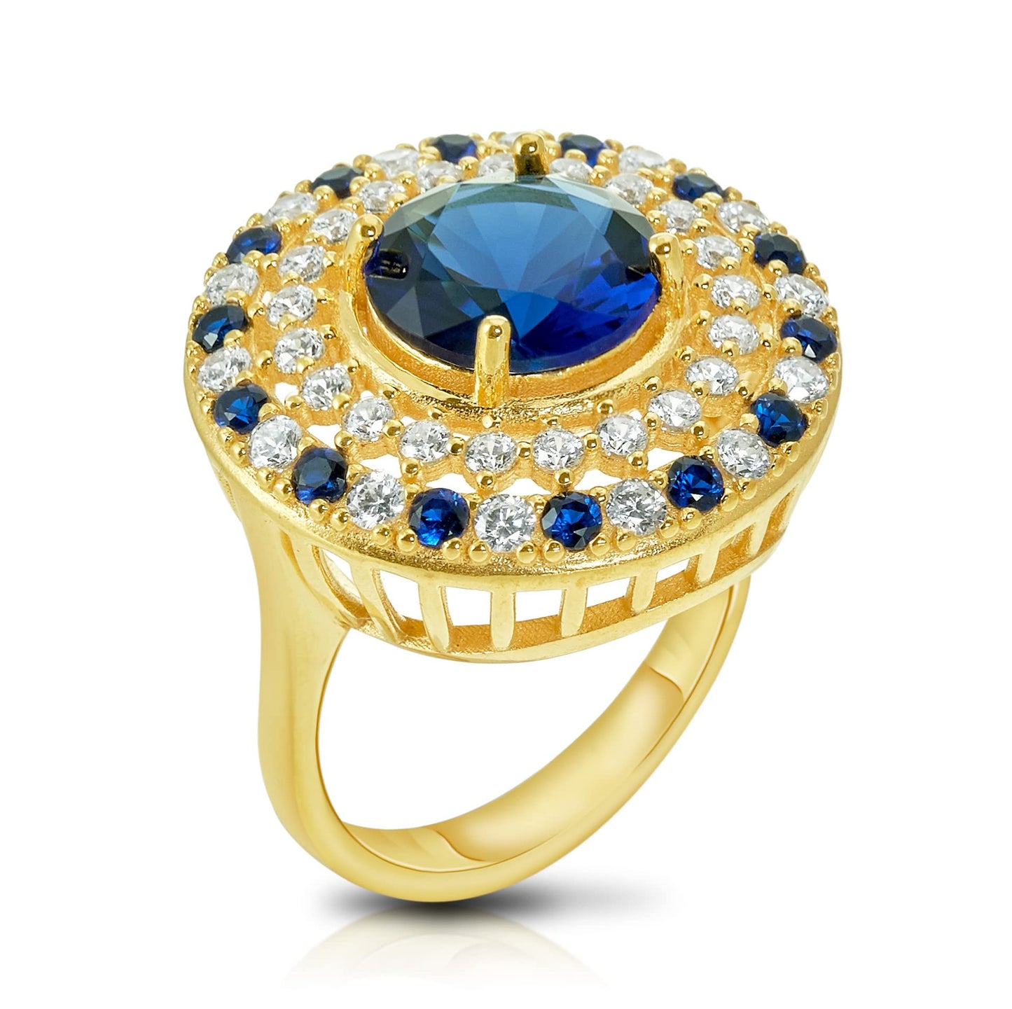 .925 Sterling Silver Blue Cubic Zirconia 7/8" Round Domed Shield of Athena Cocktail Ring by Pharaoun - Choice of Metal Color