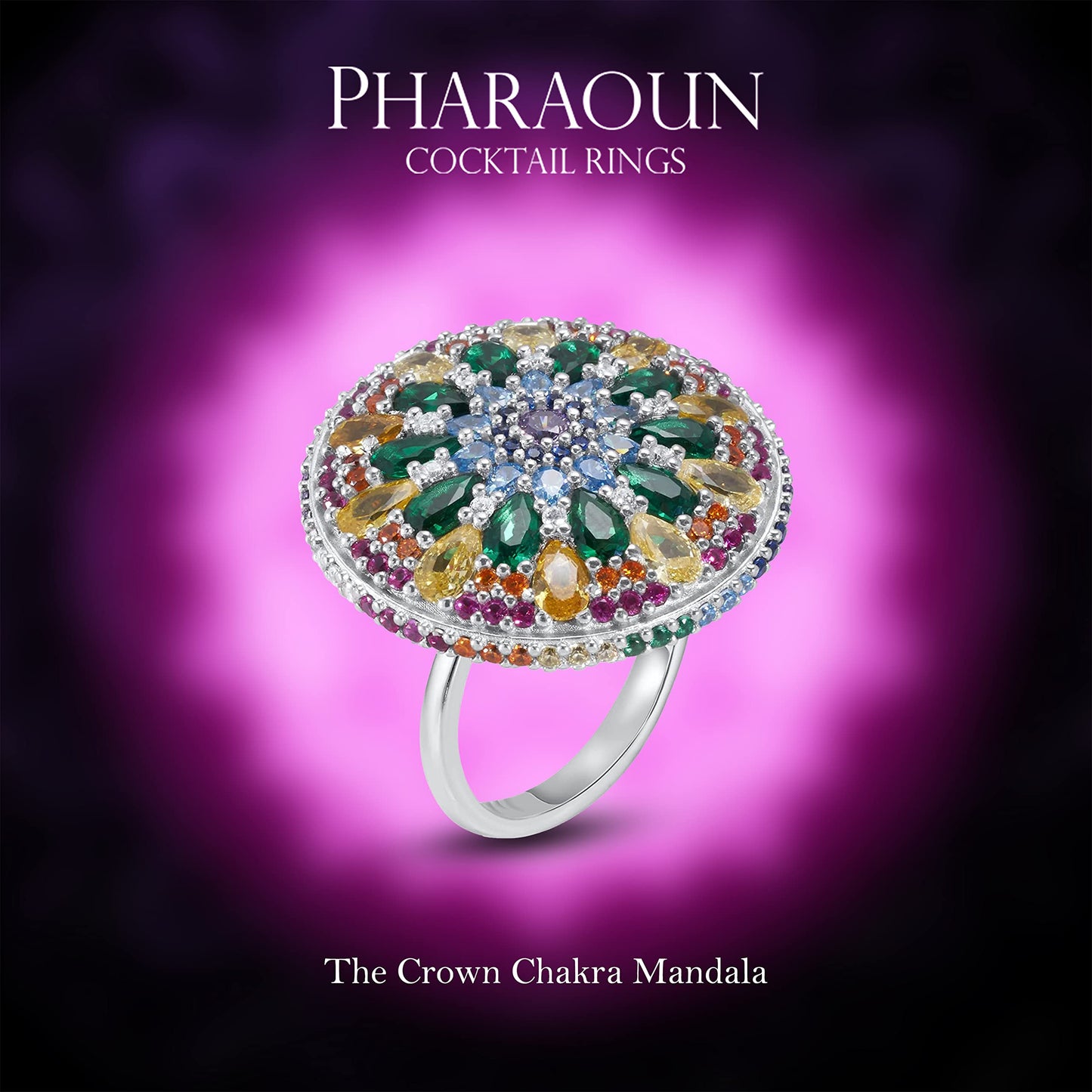 .925 Sterling Silver Rainbow Cubic Zirconia 1" Round Domed Mini Purple Point Crown Chakra Mandala Cocktail Ring by Pharaoun - Choice of Metal Color