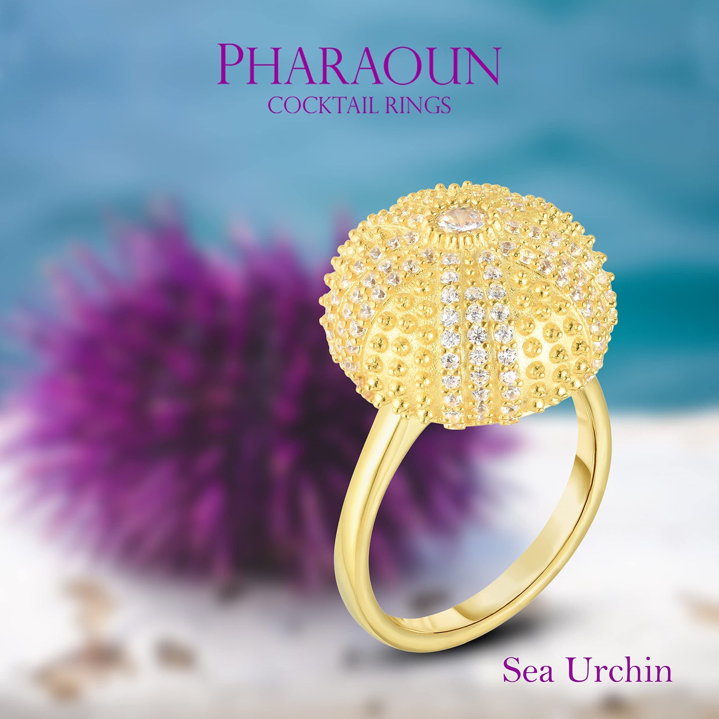 .925 Sterling Silver Cubic Zirconia 2/3" Round Domed Mini Sea Urchin Cocktail Ring by Pharaoun - Choice of Color and Size