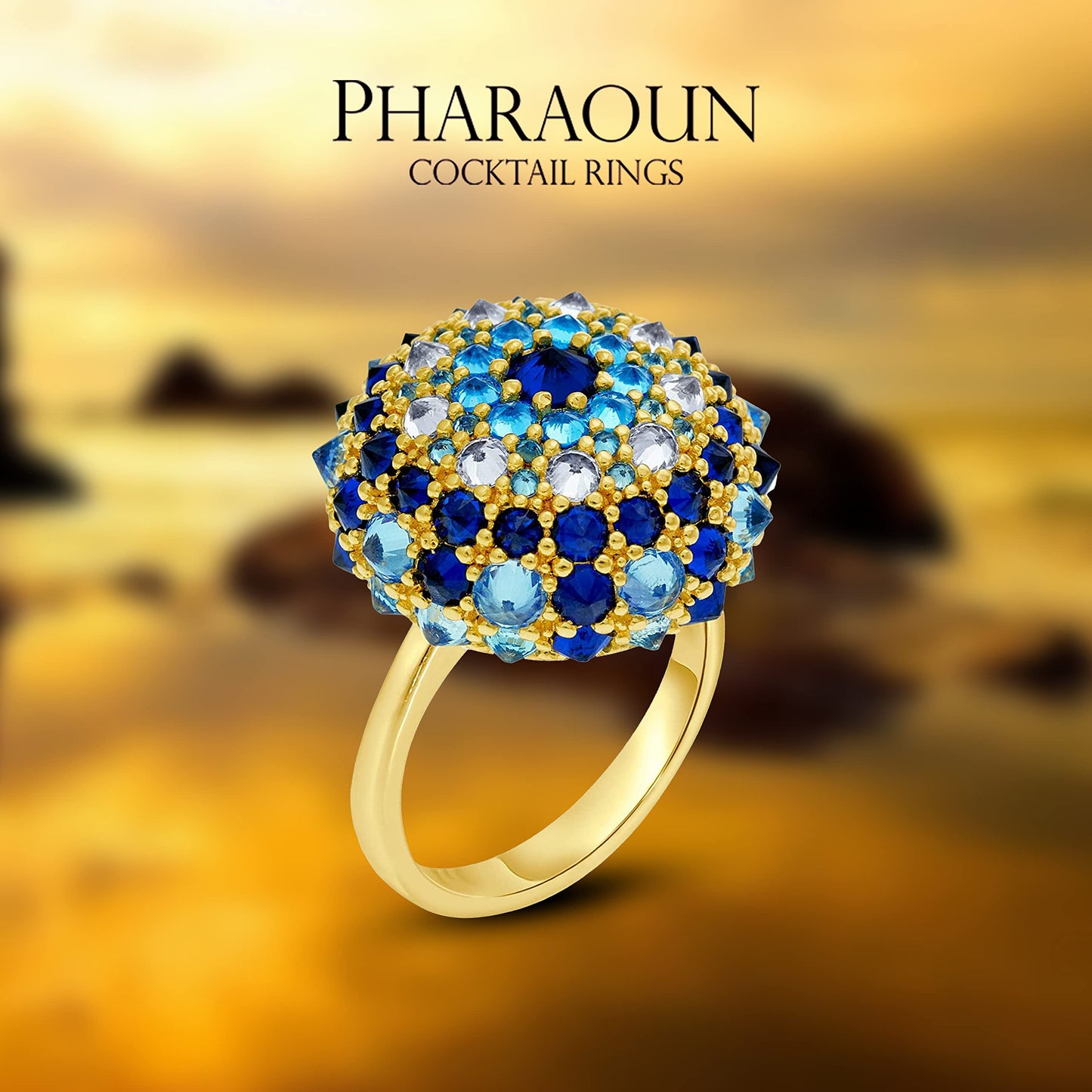 .925 Sterling Silver Blue Cubic Zirconia 3/4" Round Domed Cleopatra's Eye Evil Eye Bonbon Cocktail Ring by Pharaoun - Choice of Metal Color and Size