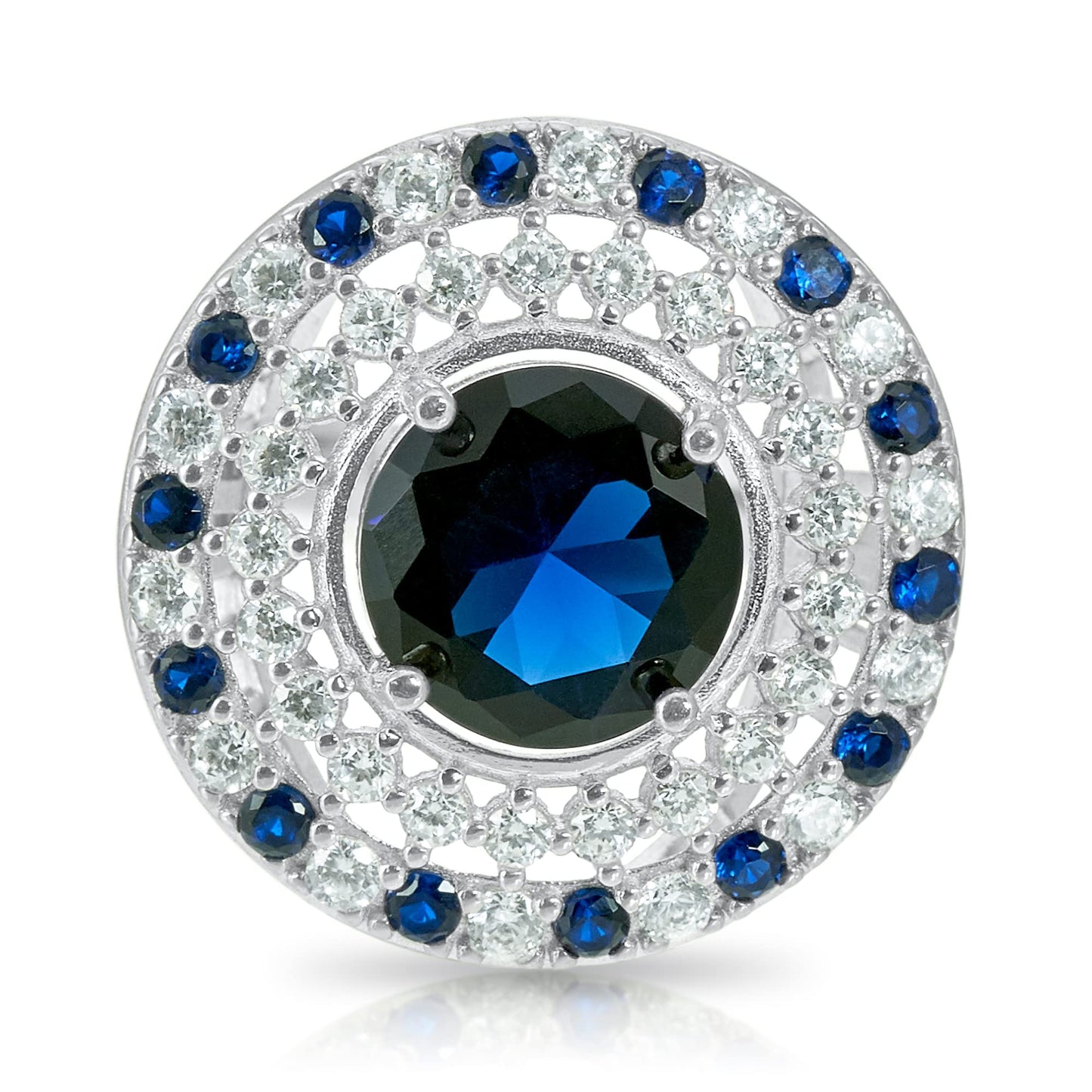 .925 Sterling Silver Blue Cubic Zirconia 7/8" Round Domed Shield of Athena Cocktail Ring by Pharaoun - Choice of Metal Color