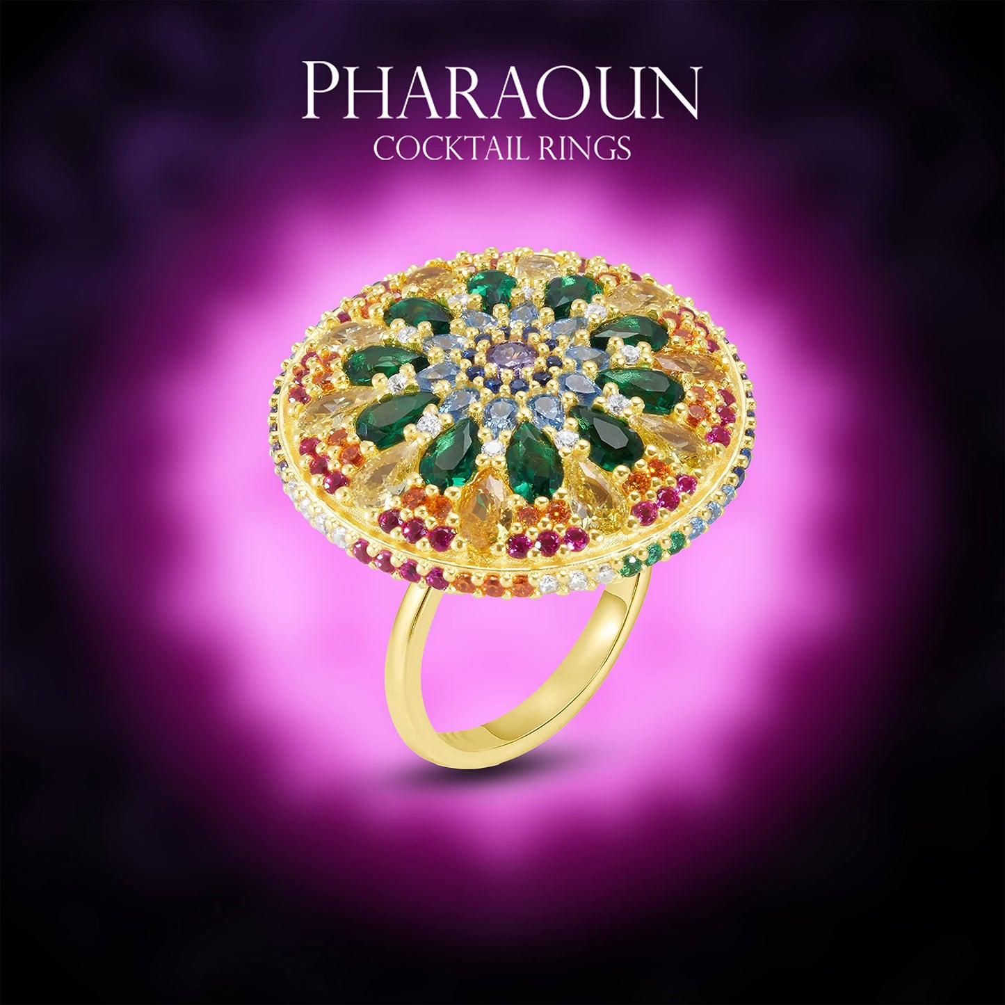 .925 Sterling Silver Rainbow Cubic Zirconia 1" Round Domed Mini Purple Point Crown Chakra Mandala Cocktail Ring by Pharaoun - Choice of Metal Color