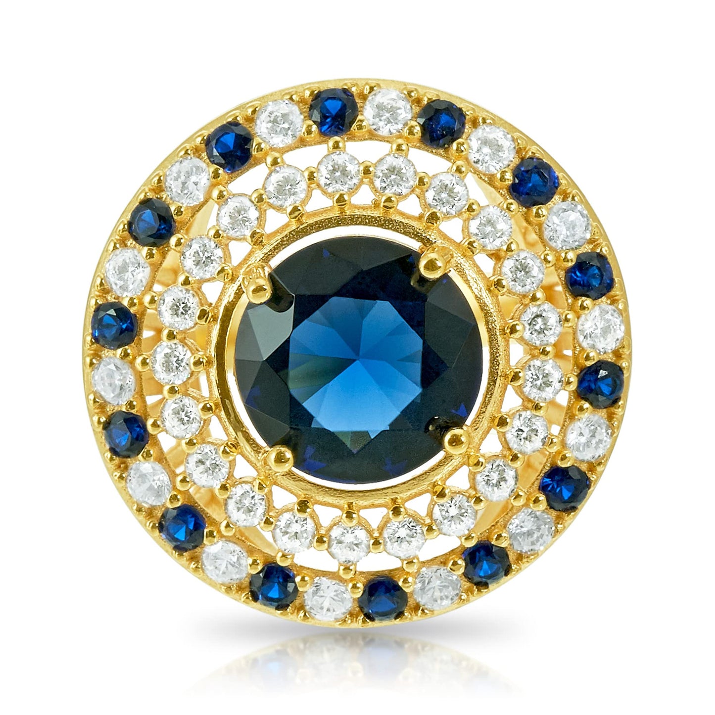 .925 Sterling Silver Blue Cubic Zirconia 7/8" Round Domed Shield of Athena Cocktail Ring by Pharaoun - Choice of Metal Color