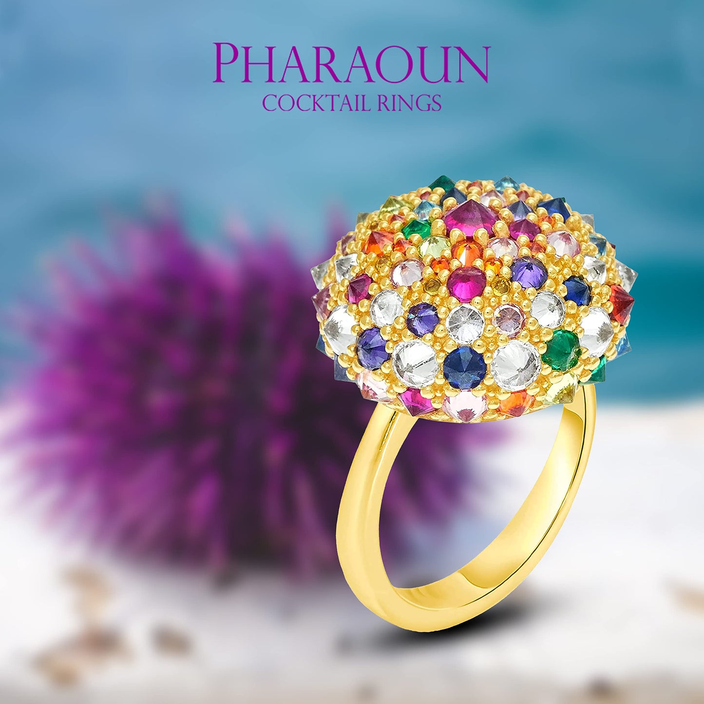 .925 Sterling Silver Cubic Zirconia 3/4" Round Domed Rainbow after the Storm Bonbon Cocktail Ring by Pharaoun - Choice of Metal Color