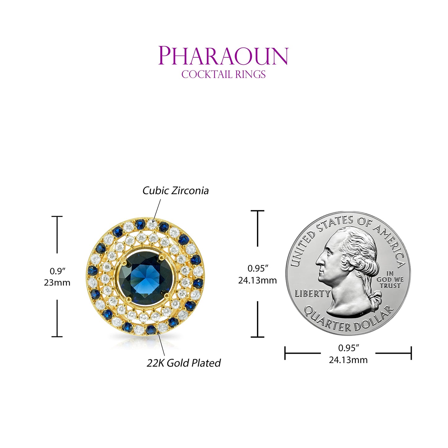 .925 Sterling Silver Blue Cubic Zirconia 7/8" Round Domed Shield of Athena Cocktail Ring by Pharaoun - Choice of Metal Color