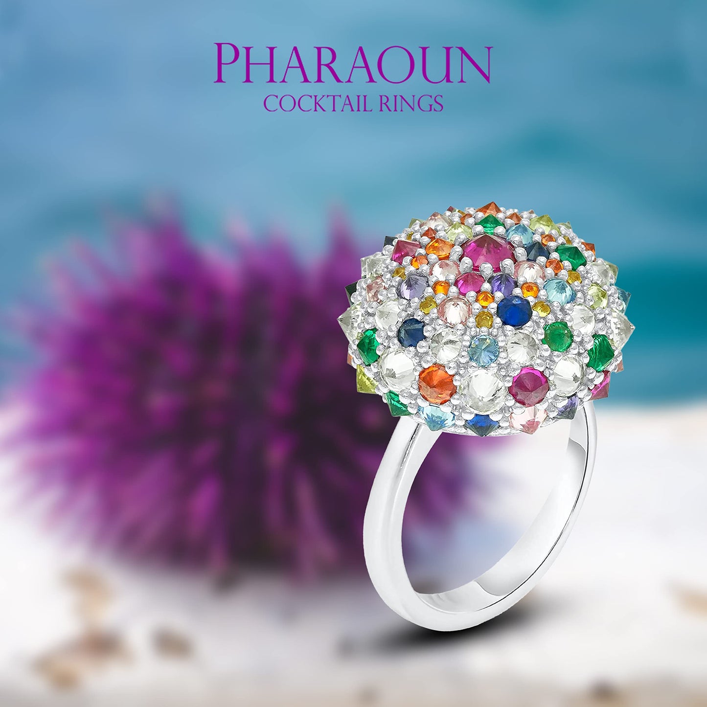 .925 Sterling Silver Cubic Zirconia 3/4" Round Domed Rainbow after the Storm Bonbon Cocktail Ring by Pharaoun - Choice of Metal Color