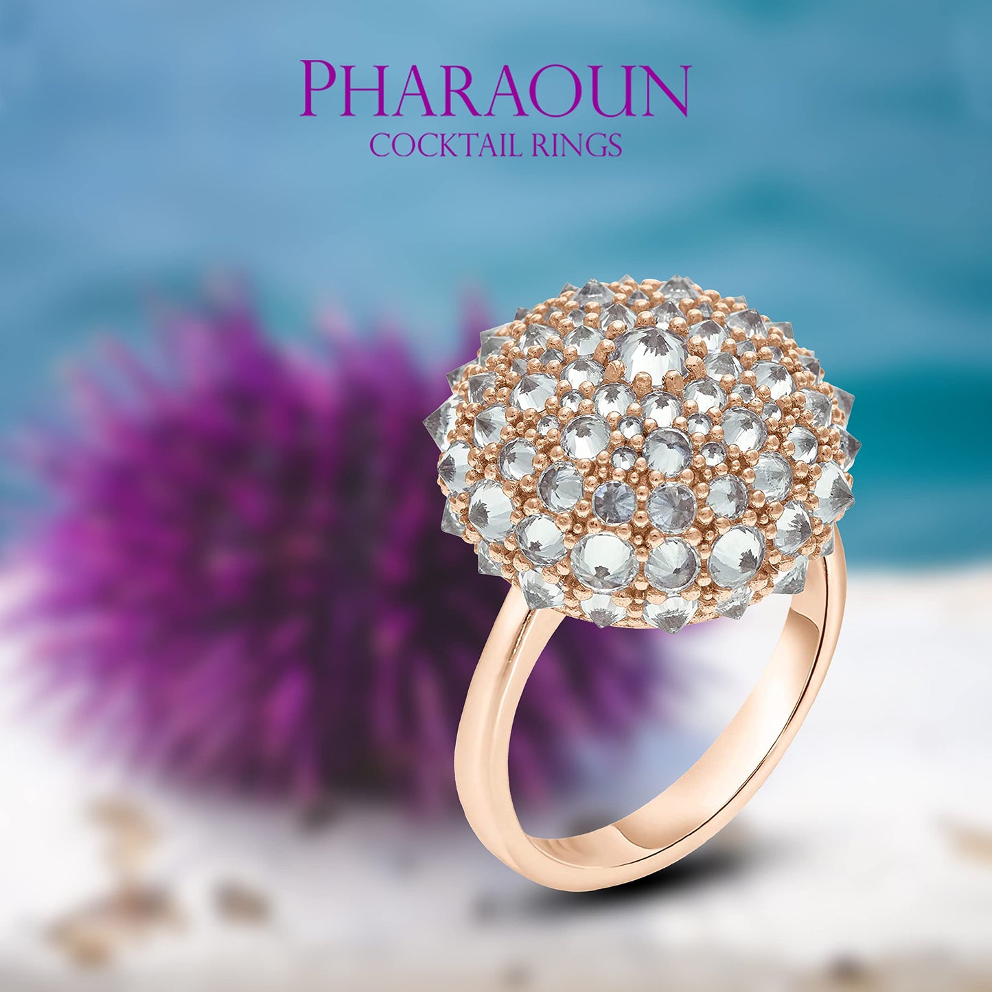 Pharaoun Disco Bonbon Statement Cocktail Ring with Reverse Set Cubic Zirconia. Choice of .925 Sterling Silver, 22K plated Yellow gold or 22K Rose Gold Plated