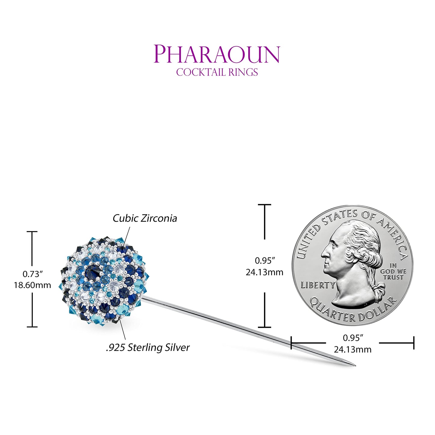 .925 Sterling Silver Blue Cubic Zirconia Cleopatra’s Eye Petit Bonbon Cocktail Lapel Pin - Choice of Metal Color