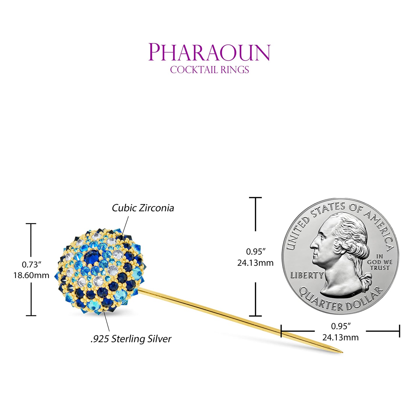 .925 Sterling Silver Blue Cubic Zirconia Cleopatra’s Eye Petit Bonbon Cocktail Lapel Pin - Choice of Metal Color