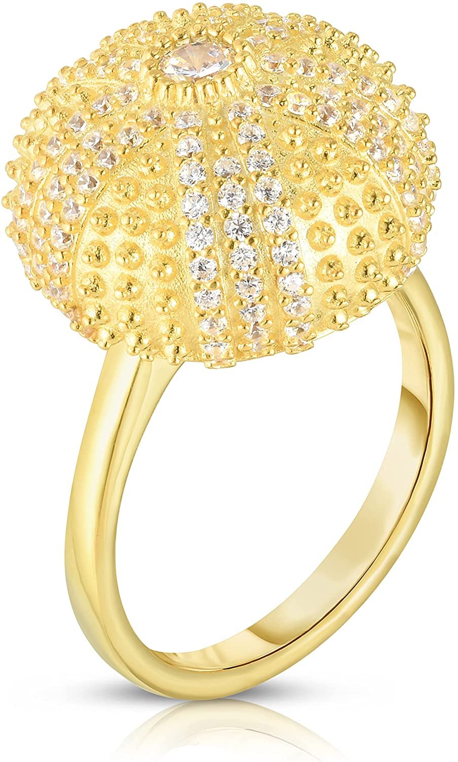 22K Gold Plated .925 Sterling Silver Cubic Zirconia 2/3" Round Domed Mini Sea Urchin Cocktail Ring by Pharaoun - Size 4