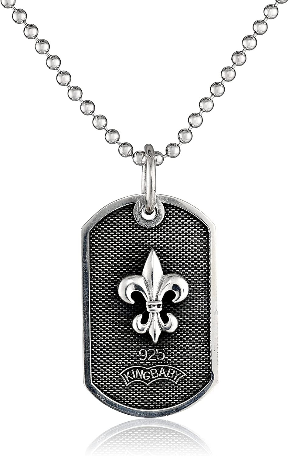 King Baby .925 Sterling Silver Unisex Small Fleur De Lis Dog Tag Pendant Necklace on 24" Curb Link Chain