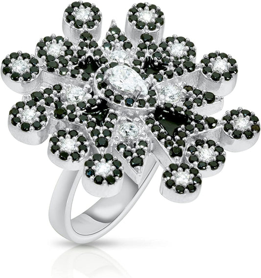 .925 Sterling Silver, Cubic Zirconia & Black Enamel Starry Night Cross Crucifix Cocktail Statement Ring - Choice of Metal Color