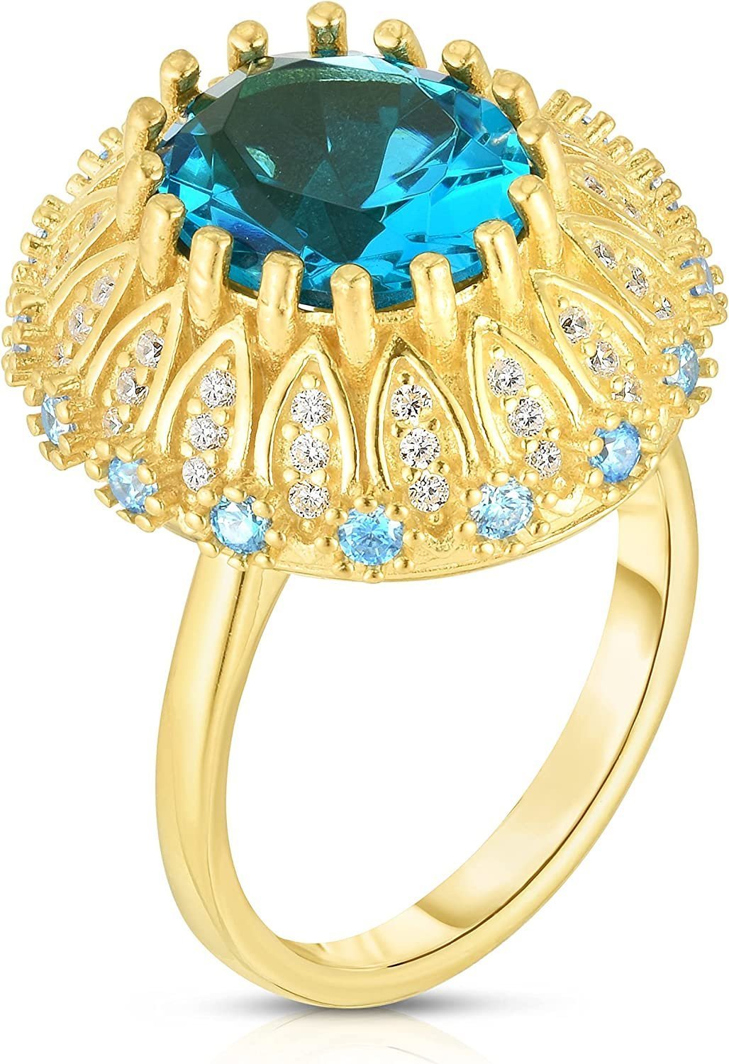 22K Yellow Gold Plated .925 Sterling Silver Oval Cut Cubic Zirconia Herculaneum Cocktail Statement Ring - Choice of Colors