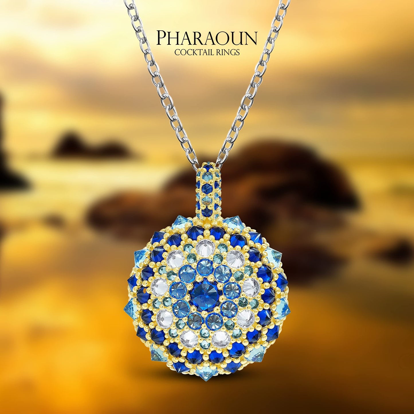 .925 Sterling Silver Blue Cubic Zirconia 1" Round Domed Cleopatra's Eye Evil Eye Bonbon Cocktail Pendant Charm by Pharaoun - Choice of Metal Color