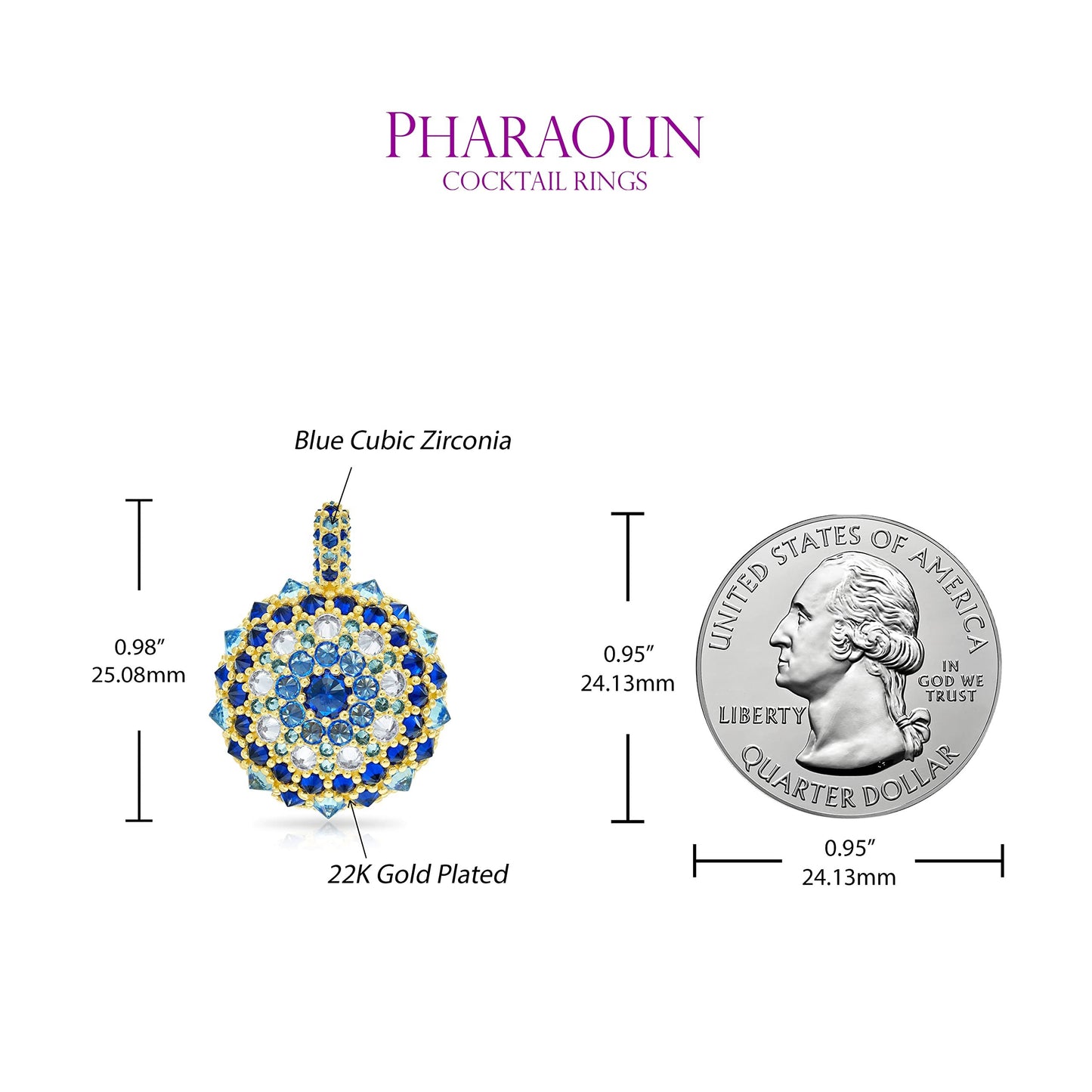 .925 Sterling Silver Blue Cubic Zirconia 1" Round Domed Cleopatra's Eye Evil Eye Bonbon Cocktail Pendant Charm by Pharaoun - Choice of Metal Color