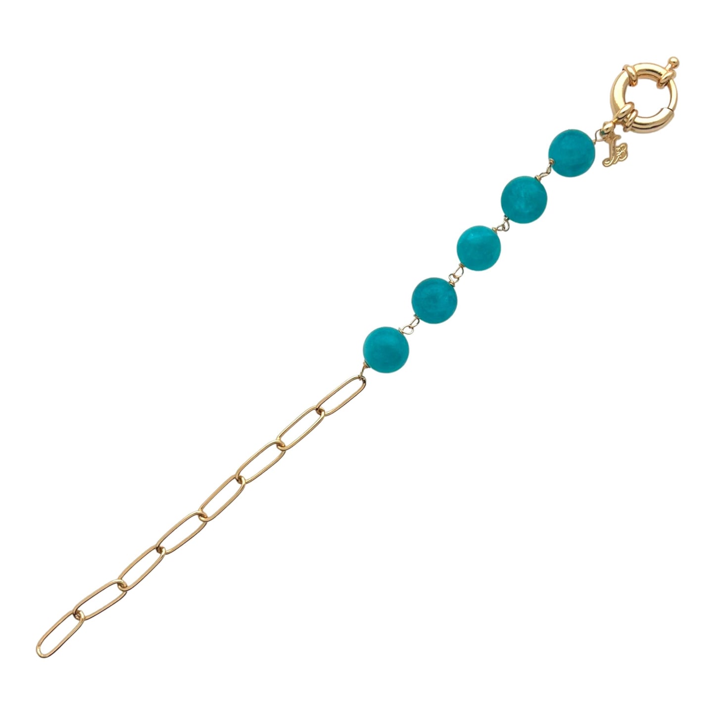 Sai Brazil 18K Yellow Gold Plated Paperclip Chain Bracelet with Round 10.5MM Teal Blue Amazonite Gemstones, 7.5 inch - Adjustable