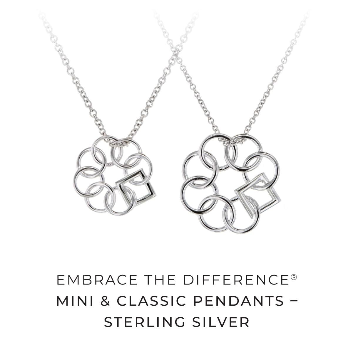 Embrace the Difference 21MM Mini .925 Sterling Silver Iconic Designed to Be Kind Emblem Pendant Necklace- 18" Adjustable Chain