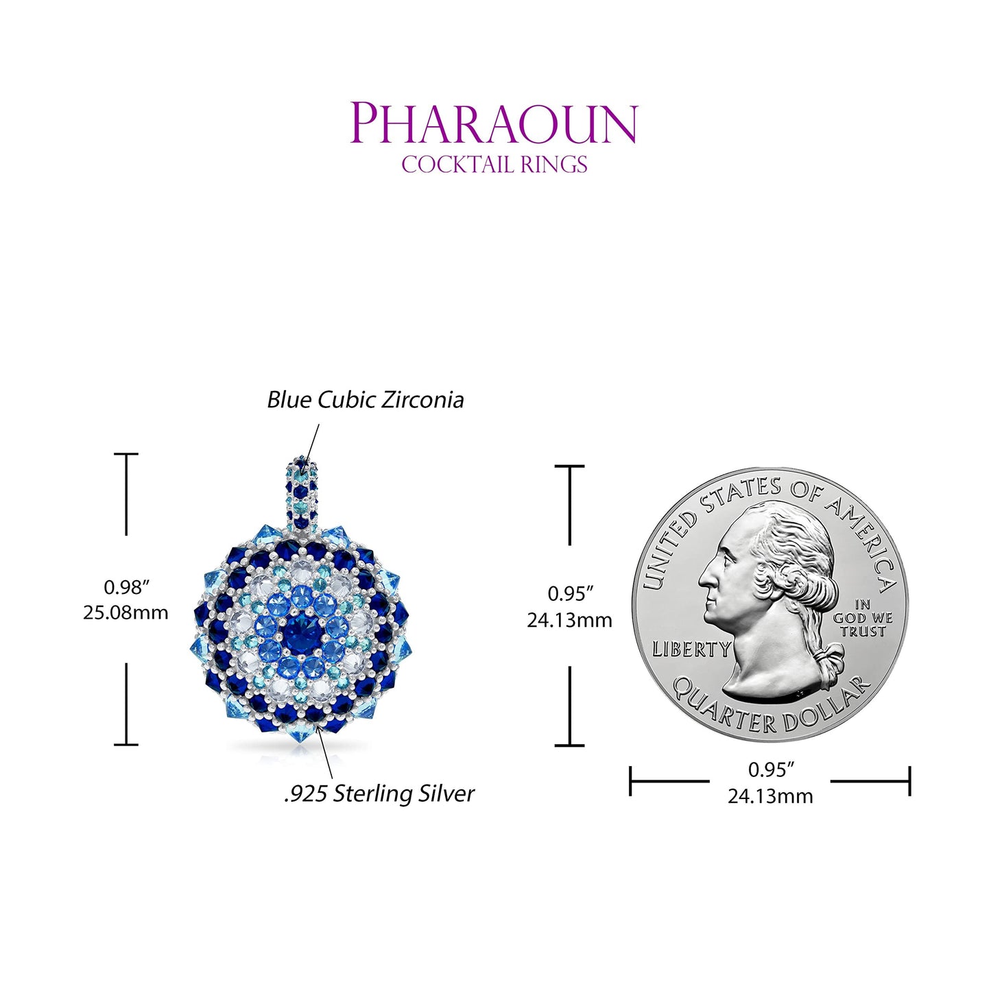 .925 Sterling Silver Blue Cubic Zirconia 1" Round Domed Cleopatra's Eye Evil Eye Bonbon Cocktail Pendant Charm by Pharaoun - Choice of Metal Color