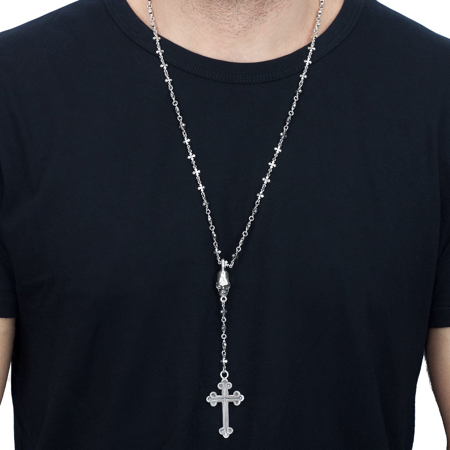 King Baby .925 Sterling Silver Mitchell Binder Signature Cross & Skull Rosary 30” Necklace