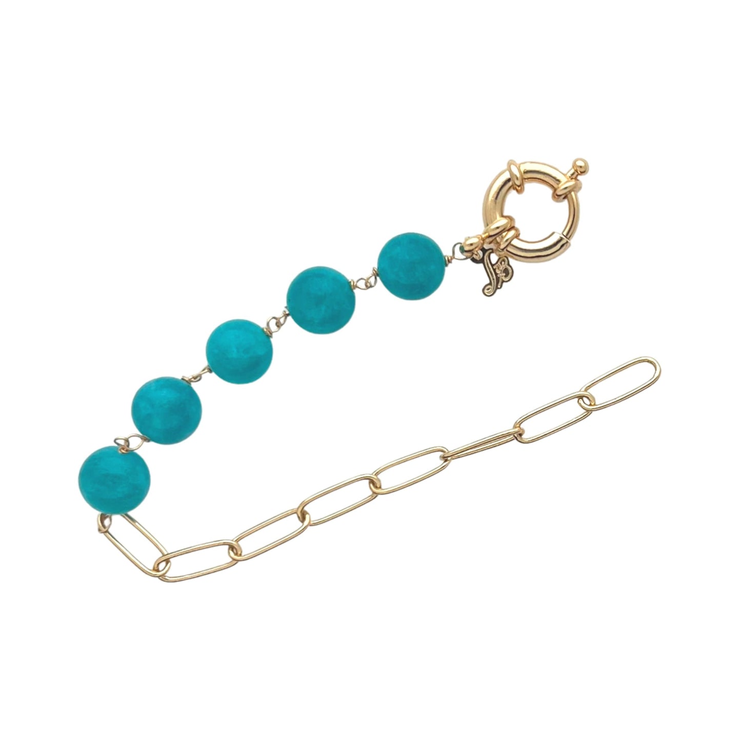 Sai Brazil 18K Yellow Gold Plated Paperclip Chain Bracelet with Round 10.5MM Teal Blue Amazonite Gemstones, 7.5 inch - Adjustable