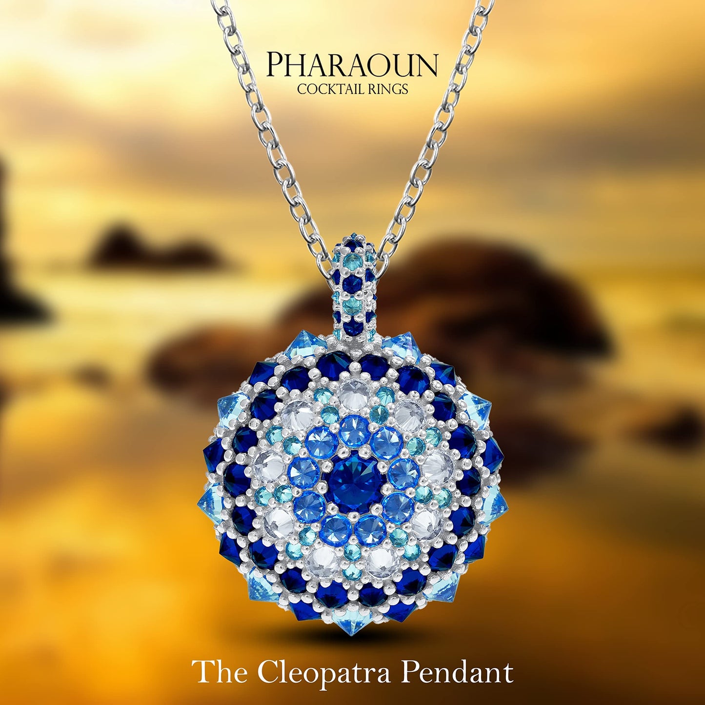 .925 Sterling Silver Blue Cubic Zirconia 1" Round Domed Cleopatra's Eye Evil Eye Bonbon Cocktail Pendant Charm by Pharaoun - Choice of Metal Color