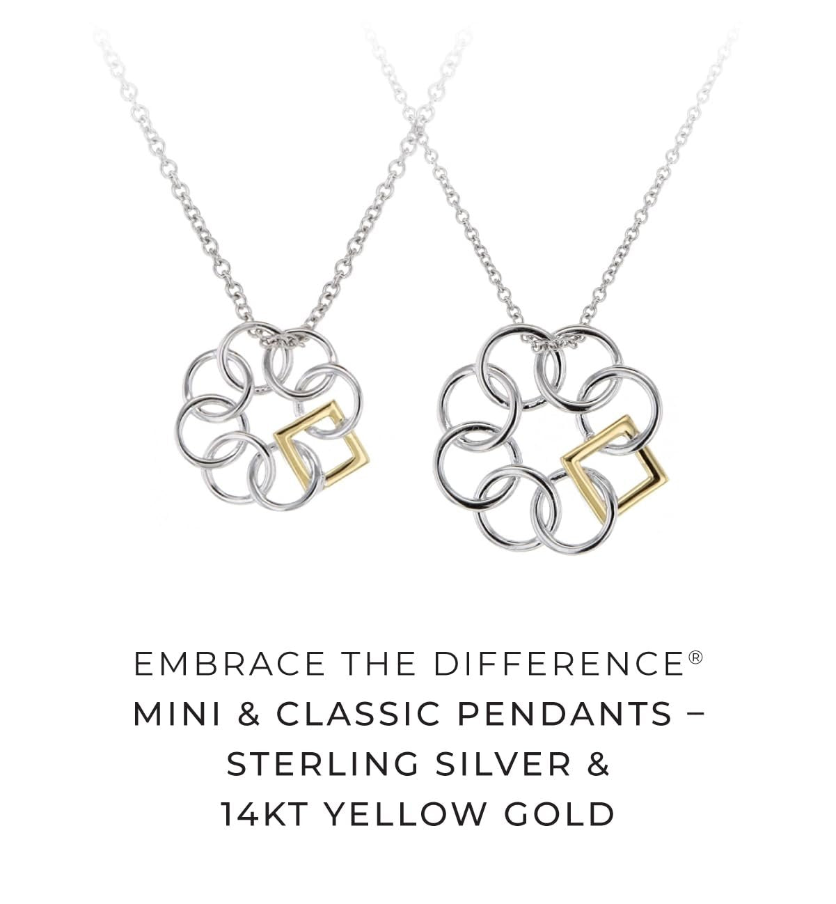 Embrace The Difference 14MM Mini .925 Sterling Silver and 14K Yellow Gold Designed to Be Kind Emblem Pendant Necklace- 18" Adjustable Chain