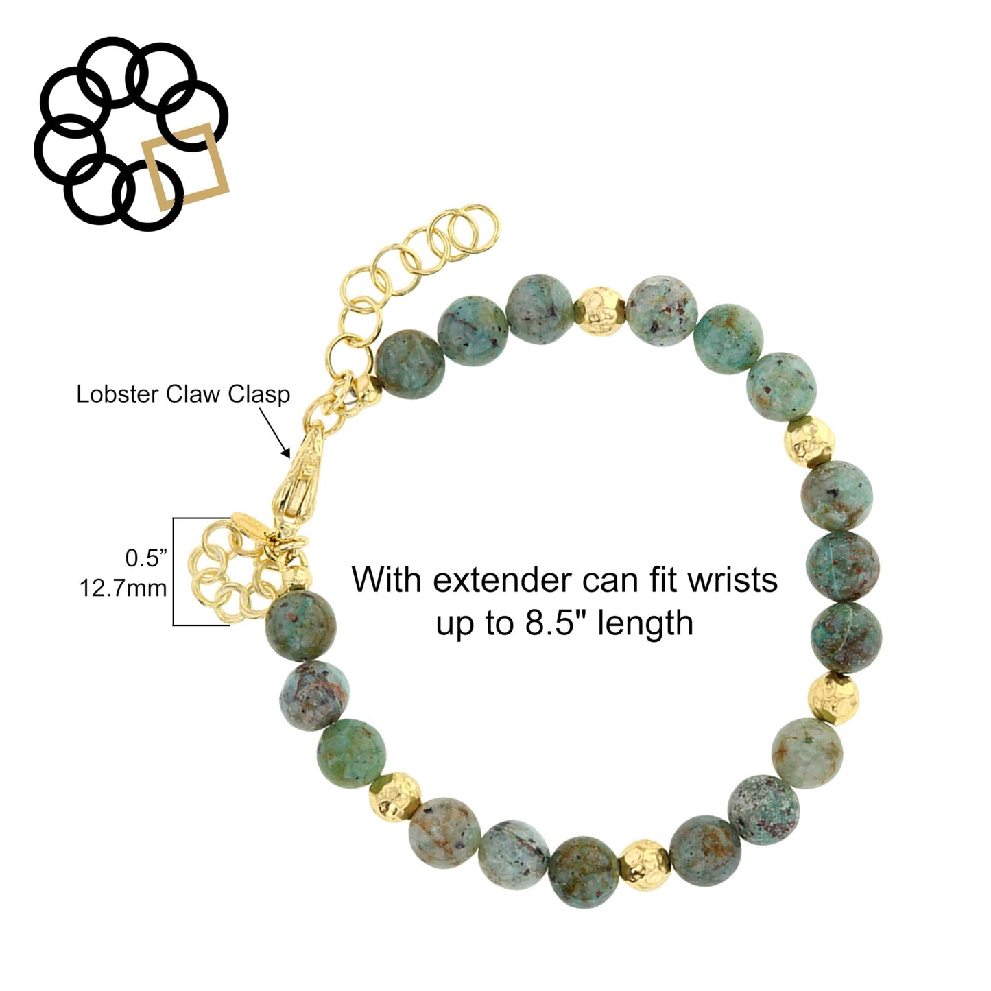 Embrace The Difference Natural Green Jasper Beaded Adjustable Strand Bracelet with 18K Gold Plated Beads, Charm Dangle