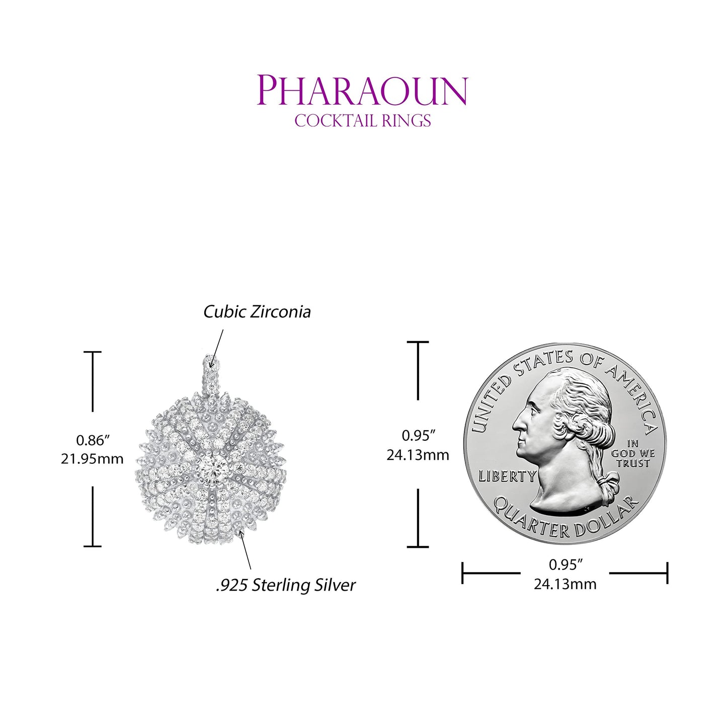 .925 Sterling Silver Cubic Zirconia 7/8" Round Domed Mini Sea Urchin Cocktail Pendant Charm by Pharaoun - Choice of Color