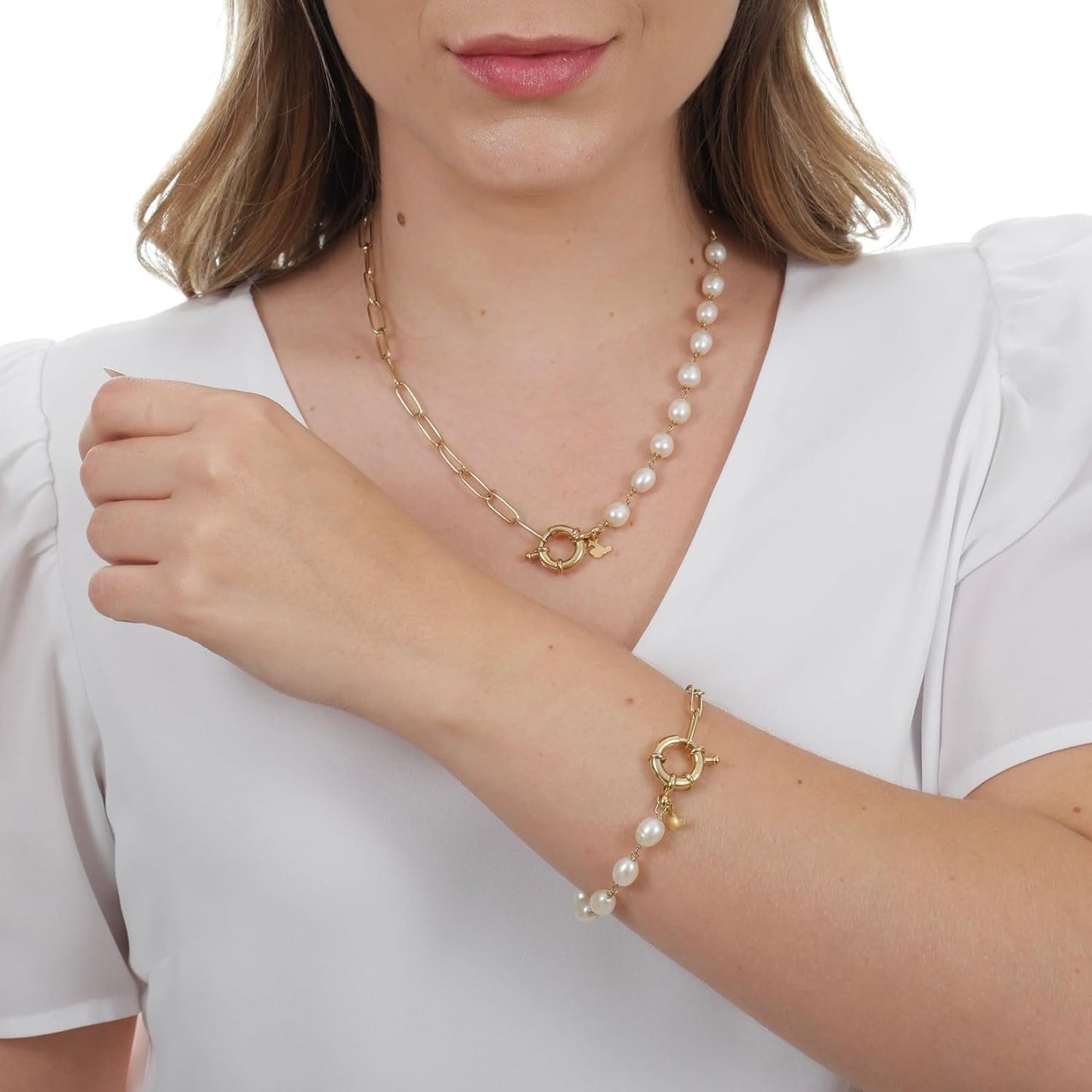 Sai Brazil 18K Yellow Gold Plated Paperclip Chain Bracelet with 7mm Freshwater Pearls, 7.5 inch - Adjustable