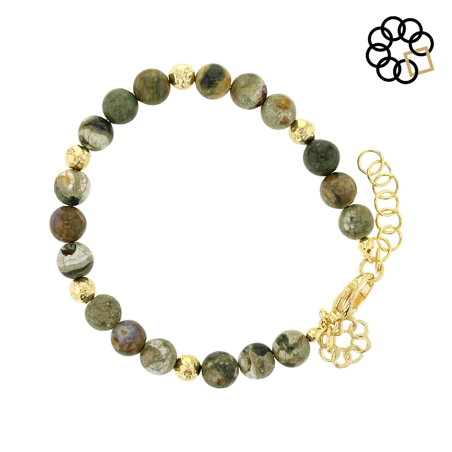 Embrace The Difference Natural Olive Green Azurite Beaded Adjustable Strand Bracelet with 18K Gold Plated Beads, Charm Dangle