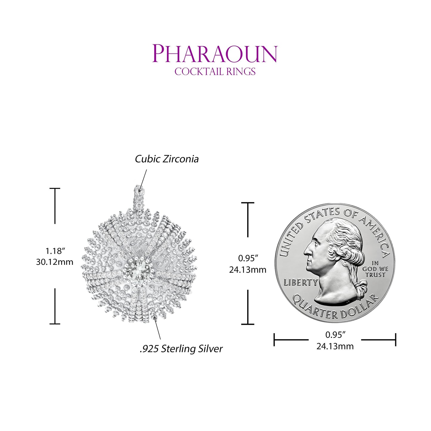 .925 Sterling Silver Cubic Zirconia 1-1/4" Round Domed Sea Urchin Cocktail Pendant Charm by Pharaoun - Choice of Color