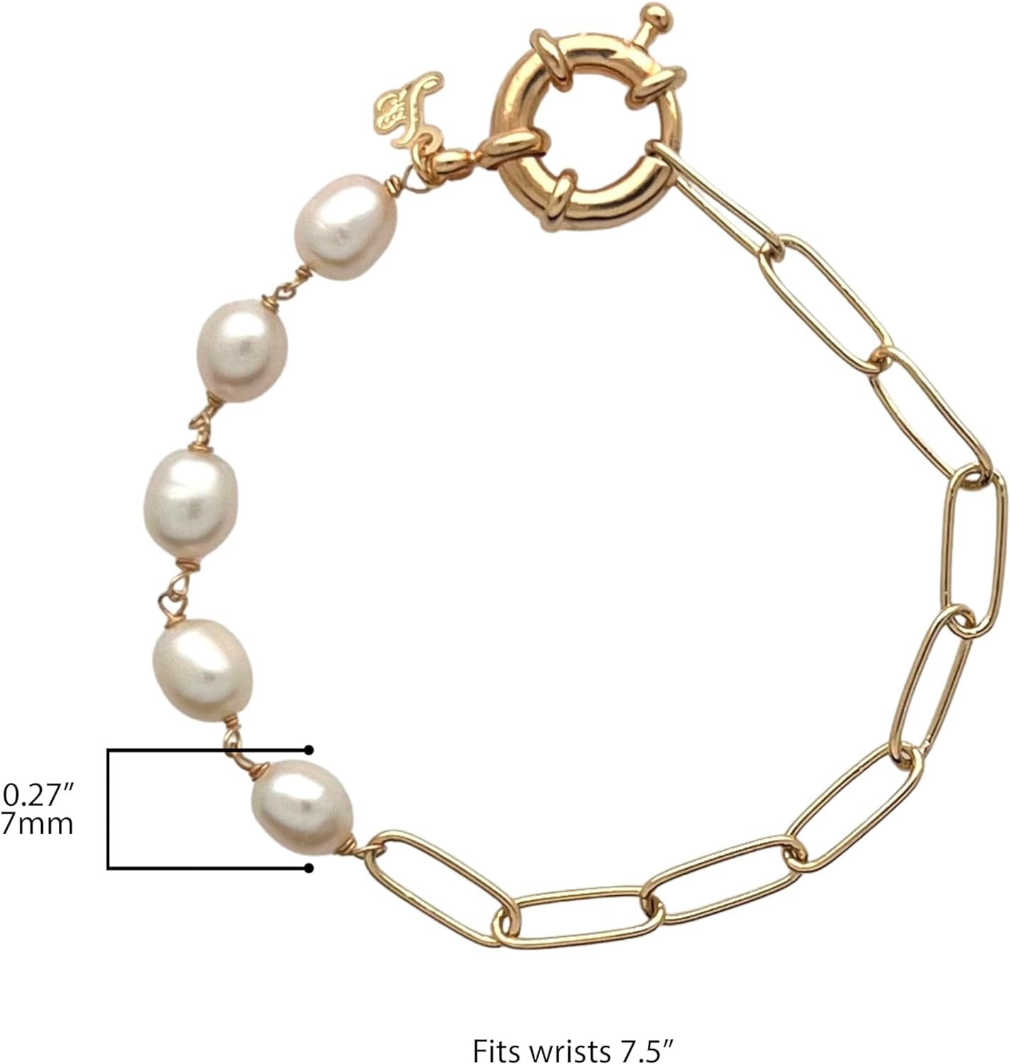 Sai Brazil 18K Yellow Gold Plated Paperclip Chain Bracelet with 7mm Freshwater Pearls, 7.5 inch - Adjustable