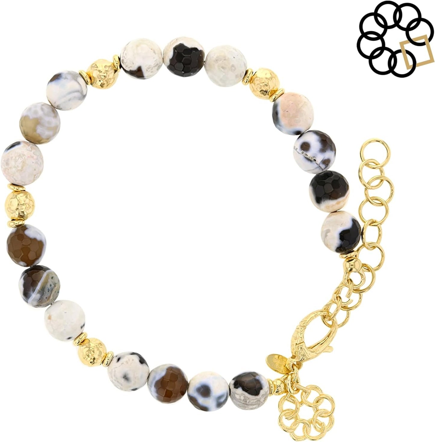 Embrace The Difference Natural Black And White Egg Agate Beaded Adjustable Strand Bracelet with 18K Gold Plated Beads, Charm Dangle