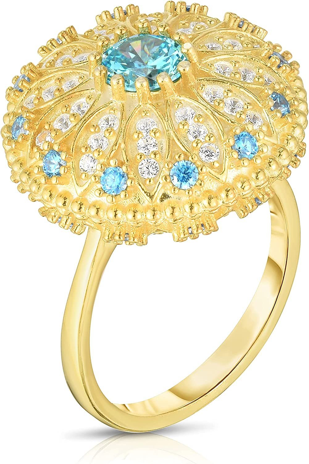 22K Yellow Gold Plated .925 Sterling Silver Cubic Zirconia OVNI UFO Flying Saucer Cocktail Statement Ring - Choice of Colors